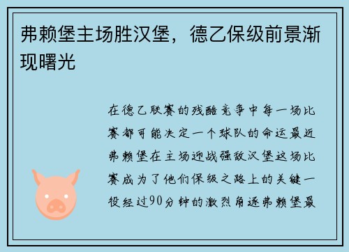 弗赖堡主场胜汉堡，德乙保级前景渐现曙光